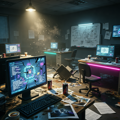 Темный офис игровой студии с пустыми стульями, разбросанными бумагами и монитором с ошибками игры.