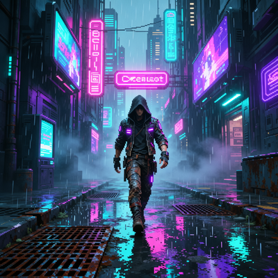 Киберпанк-платформер с пиксель-артом и 3D-эффектами, неоновые огни, дождливая улица, главный герой.