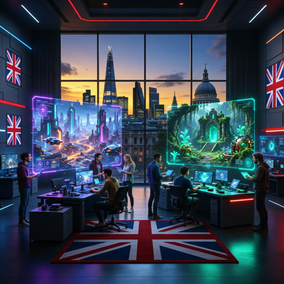 Студия игровых разработчиков в Лондоне работает над прототипами будущих хитов на фоне закатного неба.