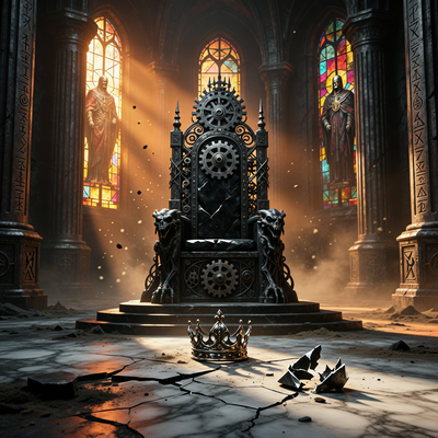 Пустой тронный зал в готическом научно-фантастическом стиле, на полу лежит сломанная корона, атмосфера упадка и снижения доходов.