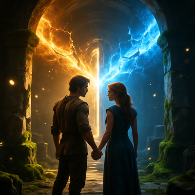 Два персонажа стоят спина к спине в тускло освещённом помещении, держась за руки и глядя на светящийся портал, разделяющийся на два пути.