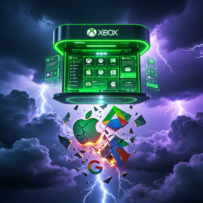 Футуристический мобильный магазин Xbox в грозовом небе, разрушенные логотипы Apple и Google падают вниз.