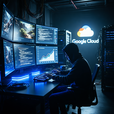 Тёмная студия разработки игр с мониторами, показывающими ИИ-контент, и логотипом Google Cloud на заднем плане.