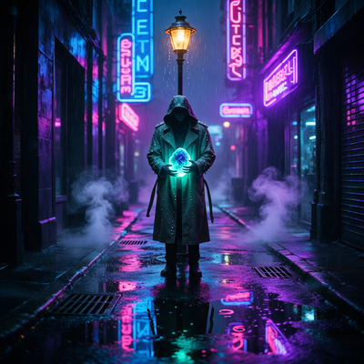 Ночная улица с неоновыми огнями, отражениями на мокром асфальте и одинокой фигурой под фонарём в стиле психологического хоррора.