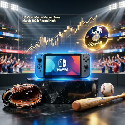 Nintendo Switch 2 и MLB The Show 26 на фоне стадиона и графиков роста продаж.