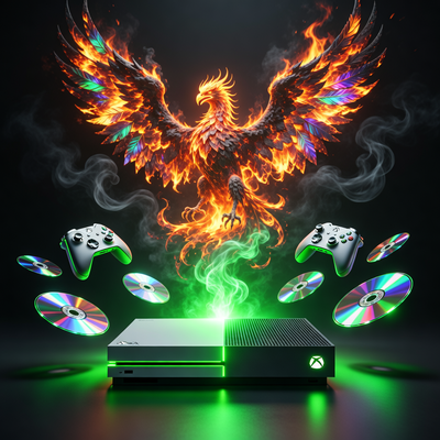 Футуристическая консоль Xbox с неоновым зеленым свечением, парящие диски и контроллеры, на заднем плане тень феникса, возрождающегося из пепла.
