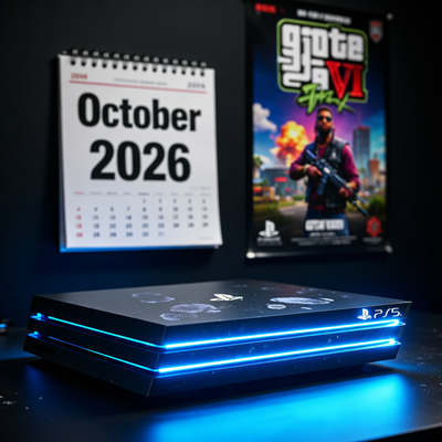 PS5 консоль с неоновой подсветкой на фоне календаря и постера GTA VI