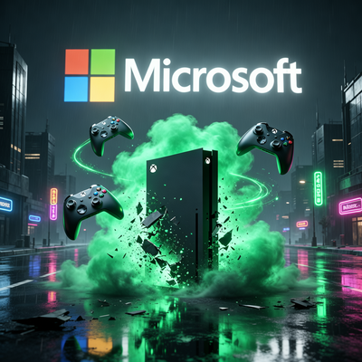 Игровая консоль Xbox растворяется в облаке зелёной энергии на фоне тёмного города и логотипа Microsoft.