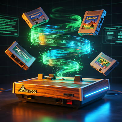 Ретро-консоль Atari в окружении парящих картриджей и цифровых потоков кода, символизирующих эмуляционный движок.