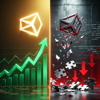 Драматическое изображение: логотип Unity на фоне растущего графика выручки слева и разрушающегося логотипа с убытками справа, символизирующее реструктуризацию.