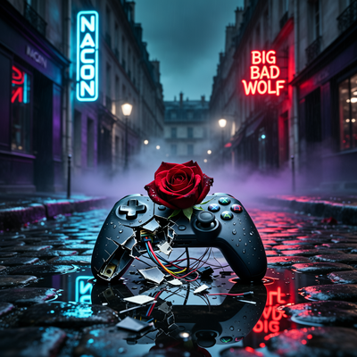 Разбитый геймпад на мокрой мостовой с неоновыми вывесками Nacon и Big Bad Wolf на заднем плане, красная роза на контроллере.