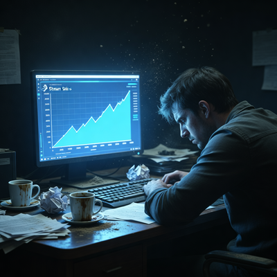 Разработчик в темной комнате смотрит на пустой график продаж Steam, вокруг беспорядок.