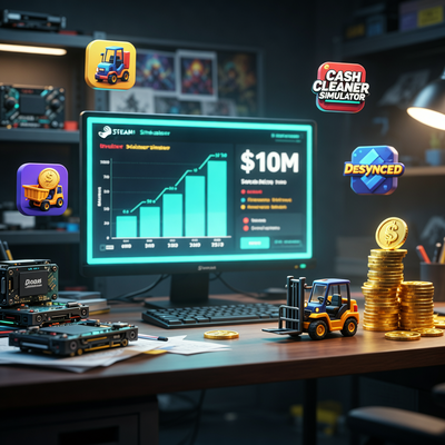 Монитор с графиками продаж Steam, игрушечный погрузчик и стопка монет на столе, символизирующие успех нишевых симуляторов.