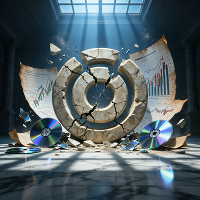 Разрушающийся логотип Ubisoft среди обломков игр и графиков убытков, мрачное освещение.
