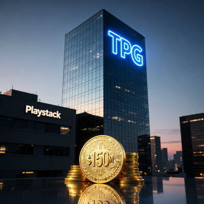 Небоскреб с логотипом TPG отбрасывает тень на здание Playstack, на переднем плане стопка золотых монет с надписью $150M.