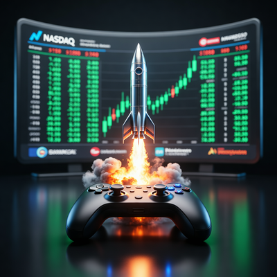 Ракета стартует с геймпада на фоне биржевого тикера NASDAQ, символизируя IPO маркетинговой платформы для мобильных игр.