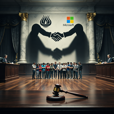 Судебный процесс: тени логотипов Steam и Microsoft пожимают руки, маленькие разработчики и геймеры смотрят снизу, на переднем плане молоток судьи.