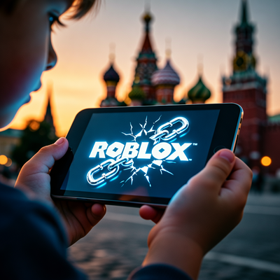 Ребенок держит планшет с логотипом Roblox и разорванной цепью на фоне Кремля.
