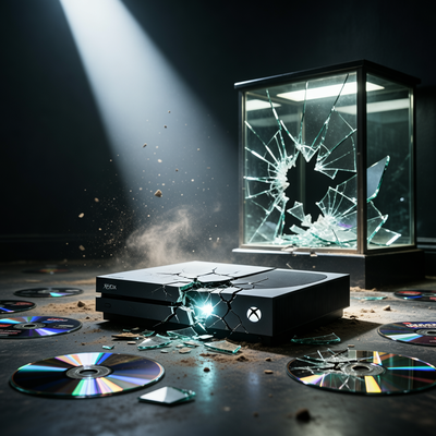 Треснувшая консоль Xbox в темной комнате с разбитой витриной и дисками на полу, драматическое освещение.