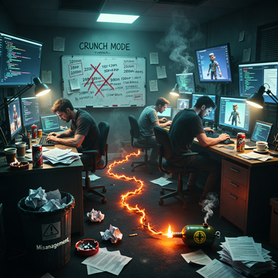 Хаотичная игровая студия: разработчики за компьютерами в тусклом свете, вокруг беспорядок, намекающий на выгорание и кризис управления.