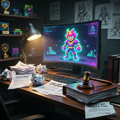 Стол разработчика игр с голографическим персонажем, юридическими документами и молотком судьи в драматическом освещении.