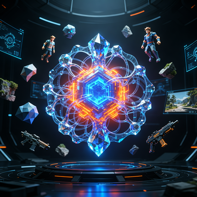 Футуристический игровой движок с ИИ, светящиеся нейросети и игровые объекты в воздухе.