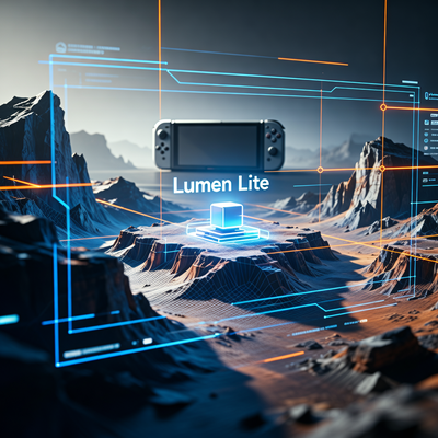 Футуристический интерфейс игрового движка с освещением Lumen Lite и ландшафтом на 3D-сетке, силуэт Nintendo Switch 2 на заднем плане.
