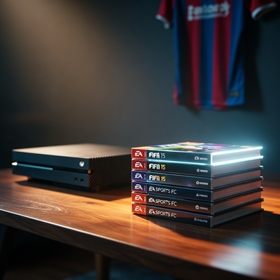 Стопка коробок футбольных симуляторов FIFA и EA Sports FC на деревянном столе, верхняя — FIFA 15, на заднем плане консоль и футбольная форма.