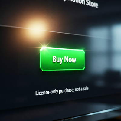 Интерфейс PlayStation Store с крупной кнопкой «Купить сейчас» и мелким предупреждением о лицензии внизу.