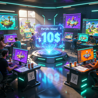 Создатели островов Fortnite работают в редакторе UEFN, на фоне светящийся счётчик выплат в миллиард долларов.