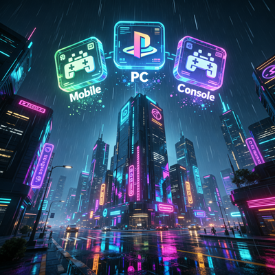 Футуристический город с неоновыми огнями и голограммами игровых платформ, символизирующий рекордный доход рынка видеоигр в 2025 году.