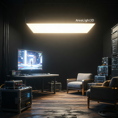 Интерьер с прямоугольным источником света AreaLight3D, мягкие тени, HDR-эффекты на мониторе, редактор Godot 4.7.