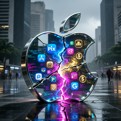 Треснувший стеклянный логотип Apple, внутри которого виден хаотичный цифровой мир с альтернативными магазинами приложений и платёжными системами.
