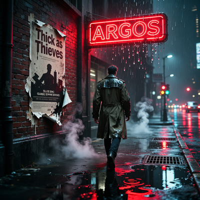 Ночная улица с неоновой вывеской 'ARGOS' и разорванным постером игры, одинокая фигура уходит вдаль.