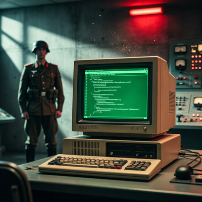 Монитор с открытым исходным кодом игры Operation Flashpoint на фоне силуэта солдата холодной войны.