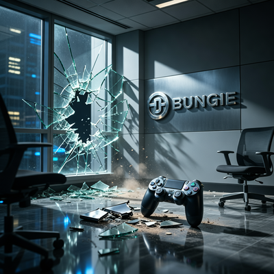 Темный офис с разбитым окном, треснутым логотипом Bungie на полу и сломанным контроллером PlayStation.