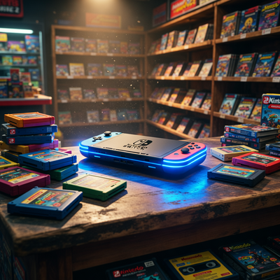 Nintendo Switch 2 с картриджами и коробками игр на полке магазина, драматическое освещение.