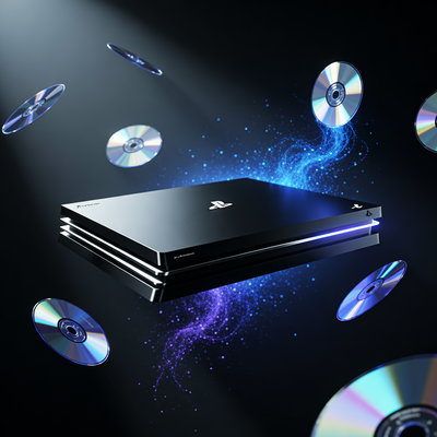 Футуристическая консоль PlayStation в темноте, вокруг исчезают диски и появляются цифровые частицы, драматическое освещение.