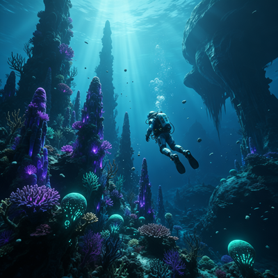 Подводный пейзаж из Subnautica 2: глубоководный биом с инопланетными растениями и рыбами, дайвер исследует риф, драматическое освещение.