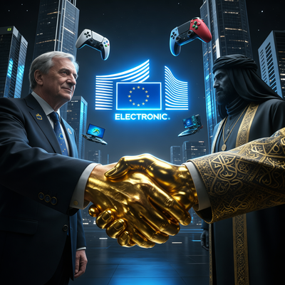 Рукопожатие между Еврокомиссией и консорциумом PIF на фоне логотипа Electronic Arts, драматичное освещение.
