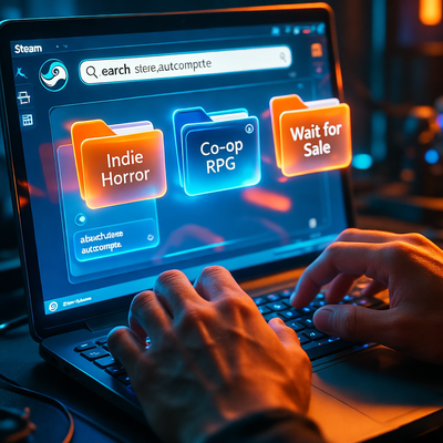 Геймер сортирует игры в Steam по категориям на фоне светящегося интерфейса.