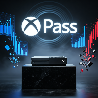 Игровая консоль Xbox на фоне падающих графиков и светящегося логотипа Game Pass, символизирующая падение продаж железа и рост подписочных сервисов.