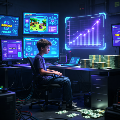 18-летний разработчик за компьютером с ИИ-инструментами для Roblox и Minecraft, вокруг светящиеся экраны и графики роста.