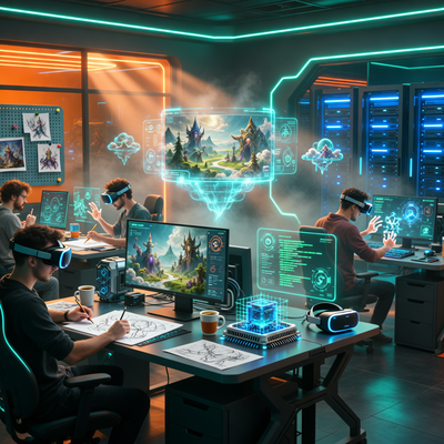 Футуристическая студия разработки игр с голографическими экранами, VR-гарнитурами и облачными технологиями.