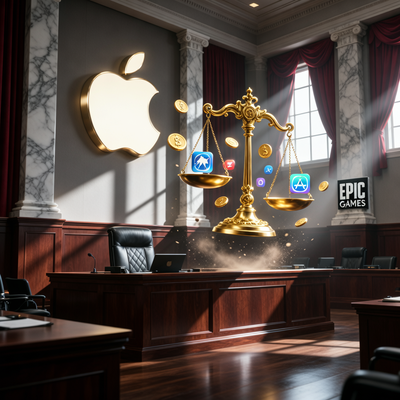 Судебное разбирательство между Apple и Epic Games, весы правосудия, монеты и иконки приложений.