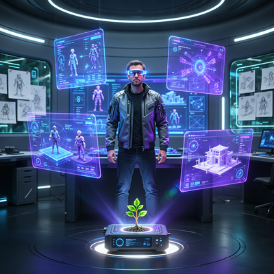 Креативный директор Жан Тюлегенов в новой студии Nomion Games, окружённый голографическими экранами с игровыми механиками.