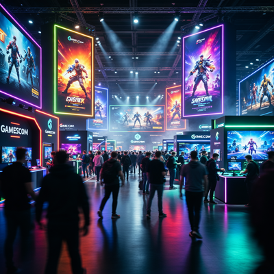 Ночная выставка Gamescom с толпой посетителей и яркими экранами.