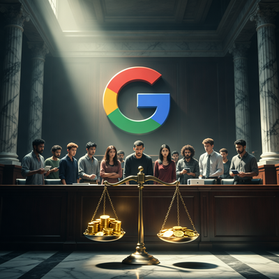 Судебное заседание: гигантский логотип Google нависает над маленькими разработчиками, на переднем плане весы правосудия с монетами.