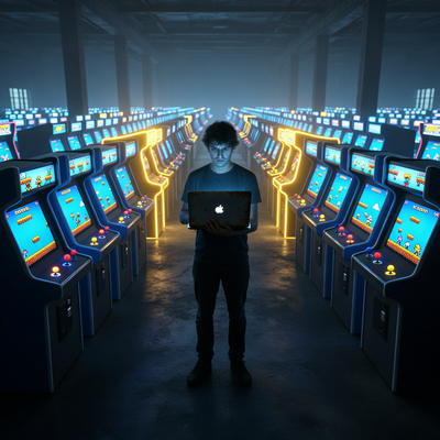 Мрачный зал с тысячами светящихся экранов 2D-платформеров, лишь несколько из них сияют золотым светом, а разработчик с ноутбуком смотрит на это море.