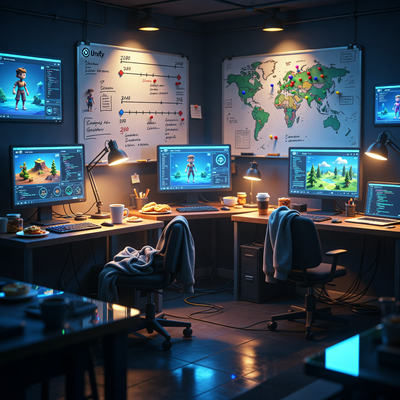 Ночной офис инди-студии: мониторы с Unity, карта мира с отметками, атмосфера стратегического планирования.